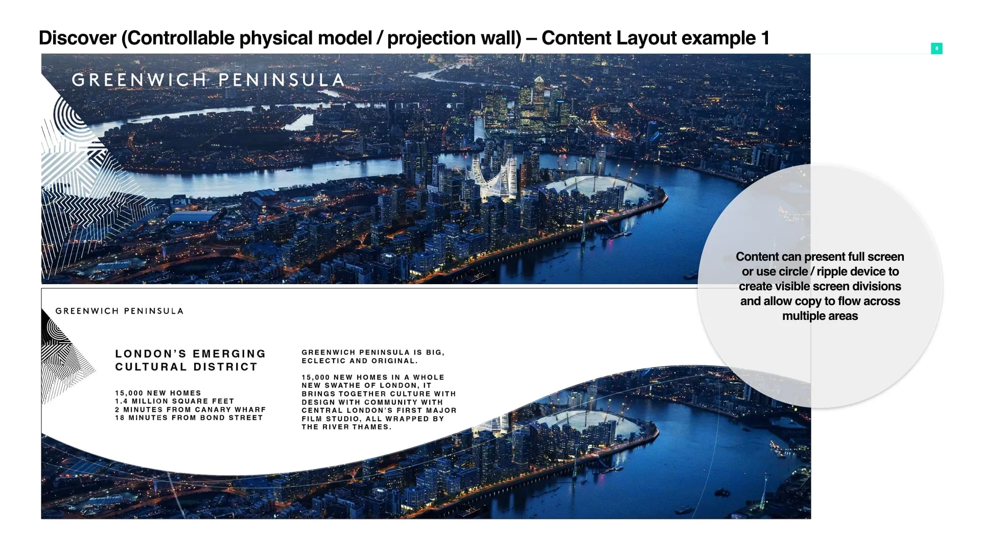 Projection wall layout showing Greenwich Peninsula from the air