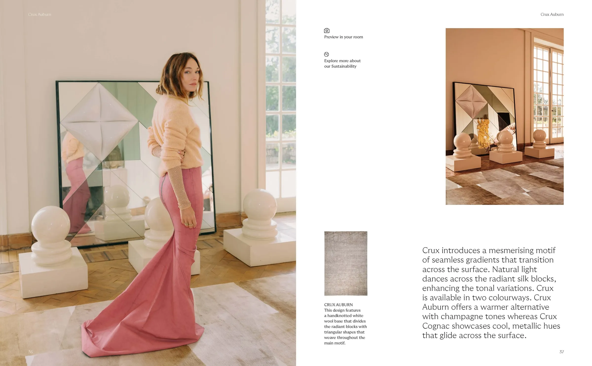 A model in a pink skirt beside a geometric artwork