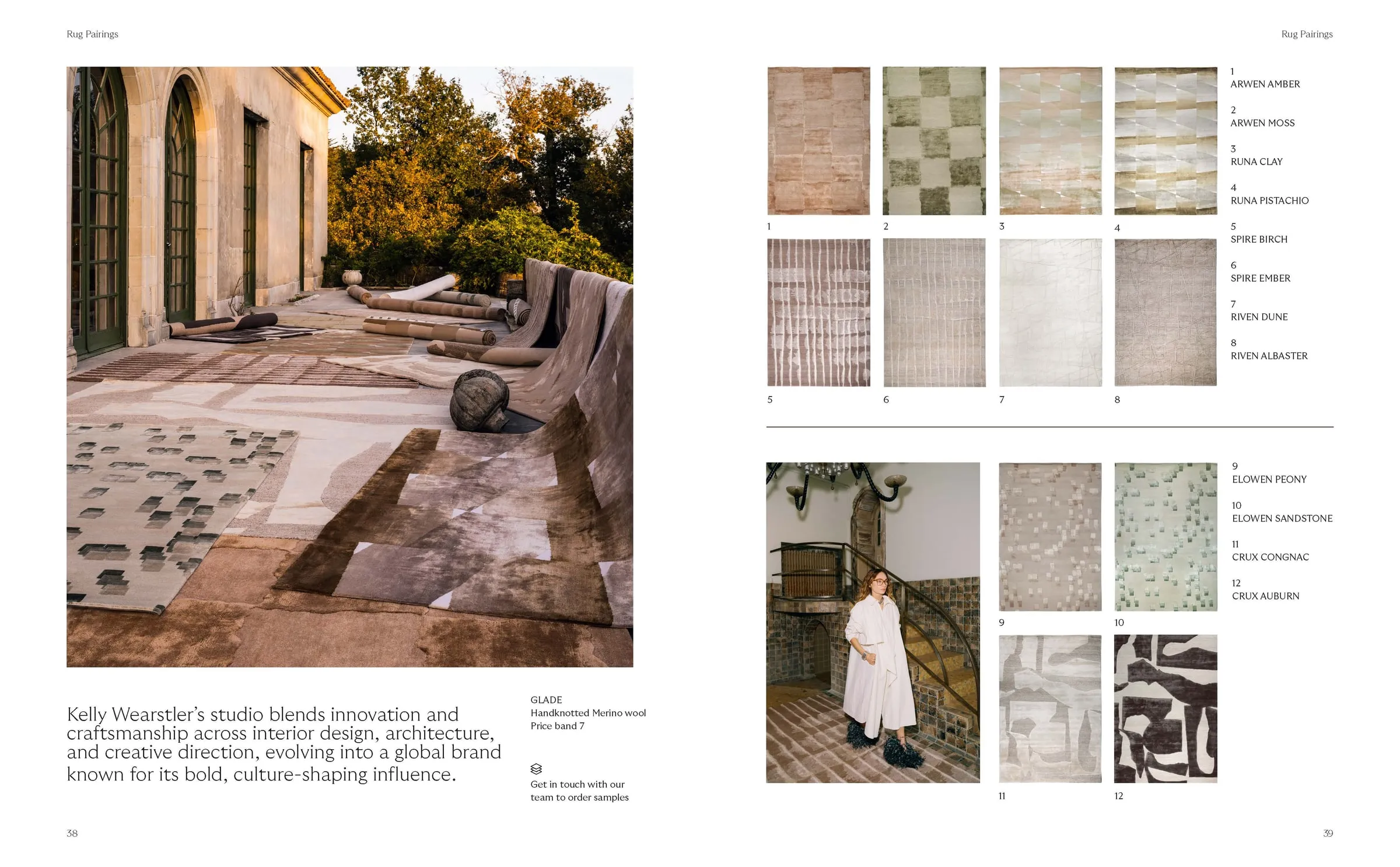 Spread on Kelly Wearstler's studio with rug samples