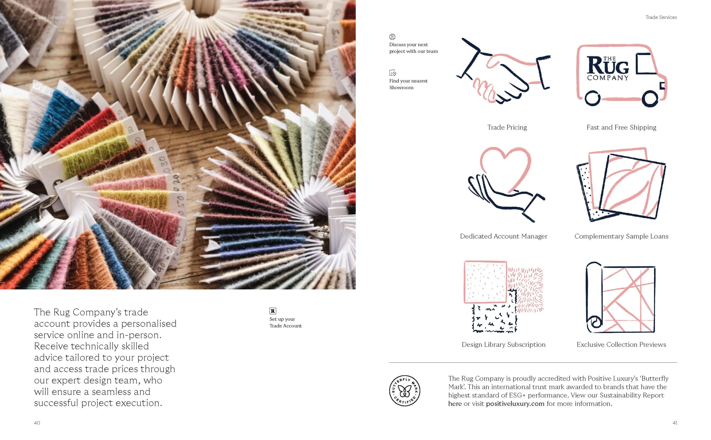 Rug samples fanned out beside The Rug Company's services