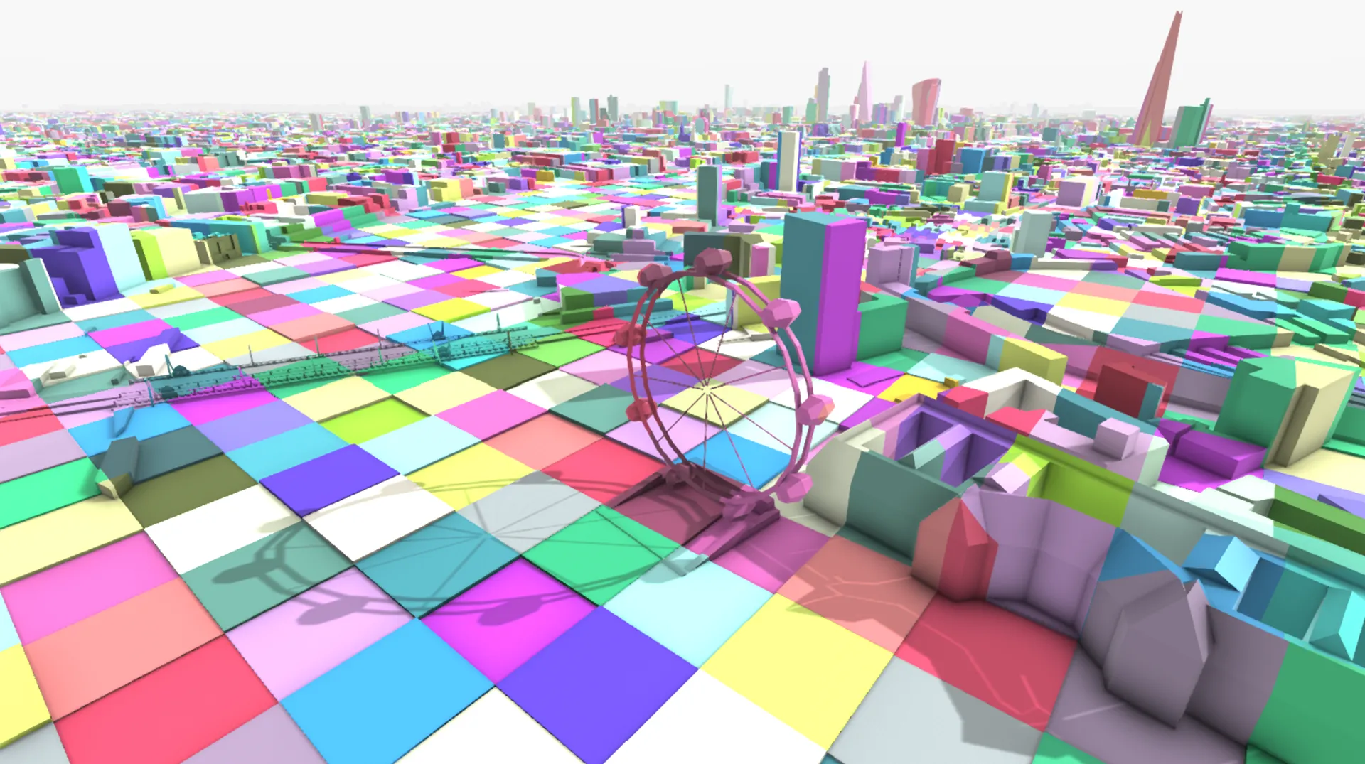 The London Eye and skyline above a colourful chequerboard of chips