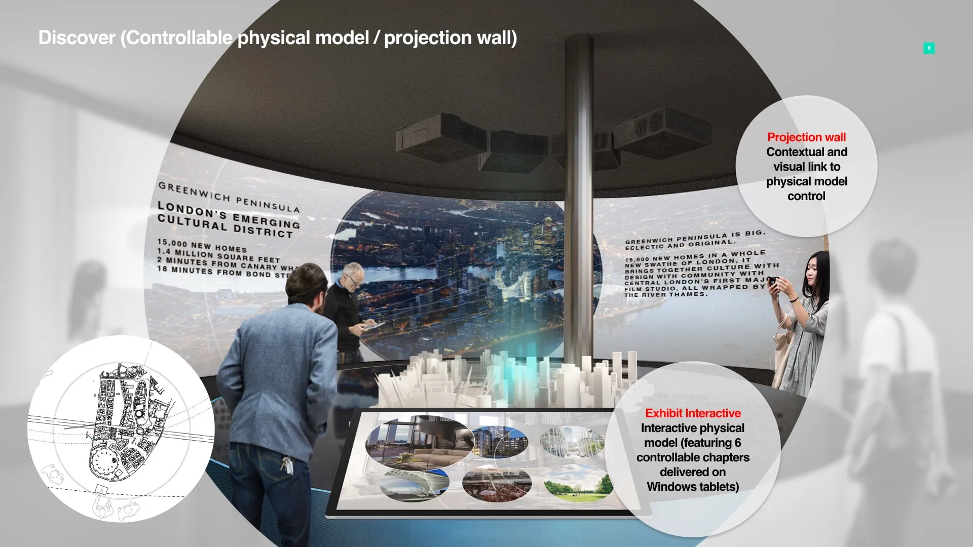 Visitors using the interactive physical model and projection wall