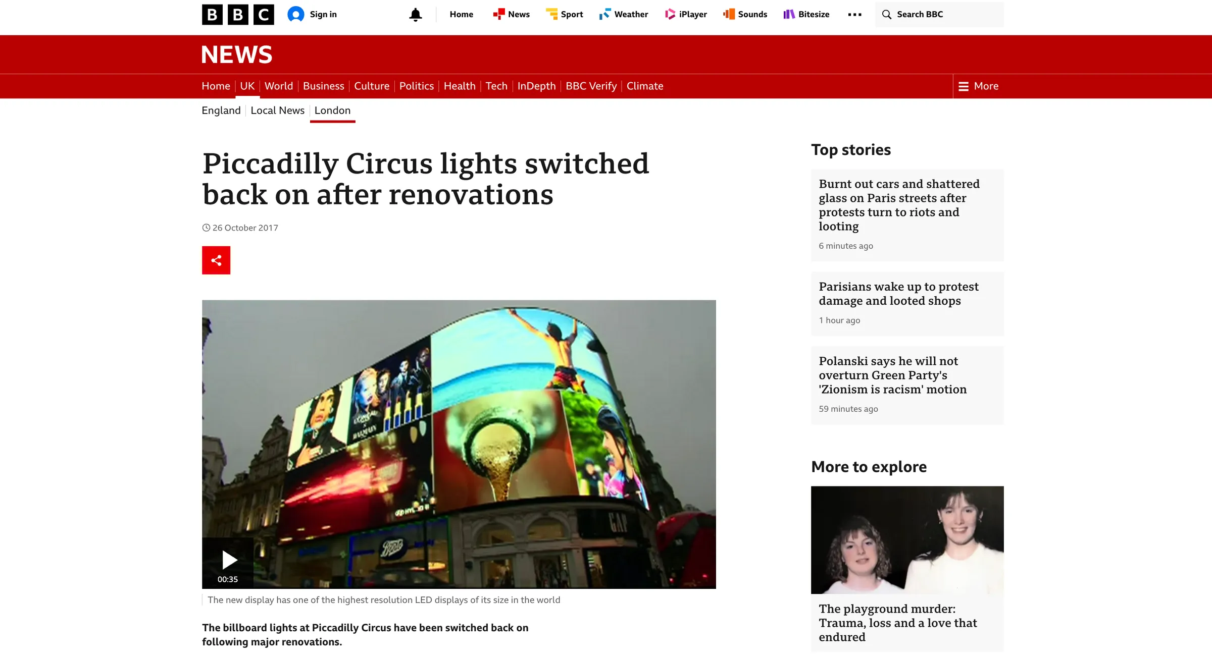 BBC News article on the Piccadilly Circus lights being switched back on