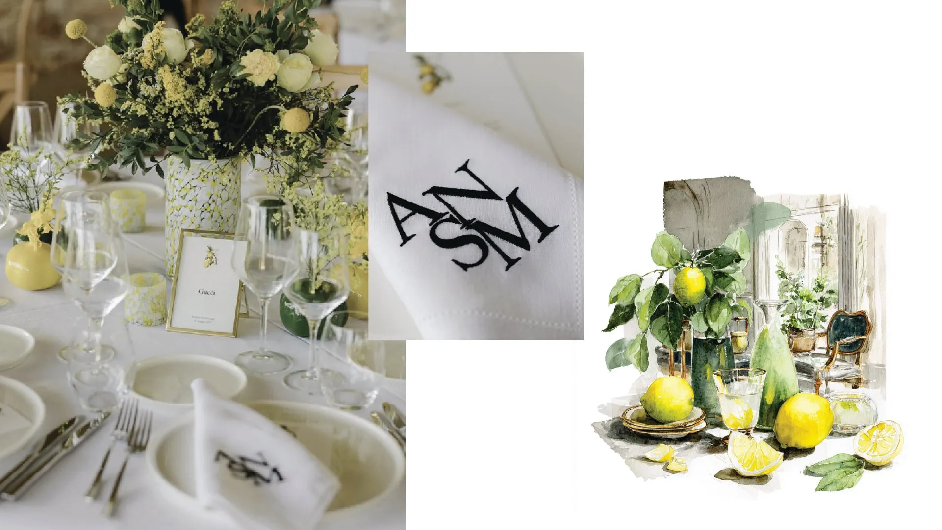 A wedding table styled with lemons, embroidered napkins and greenery, beside a watercolour of the lemon centrepiece
