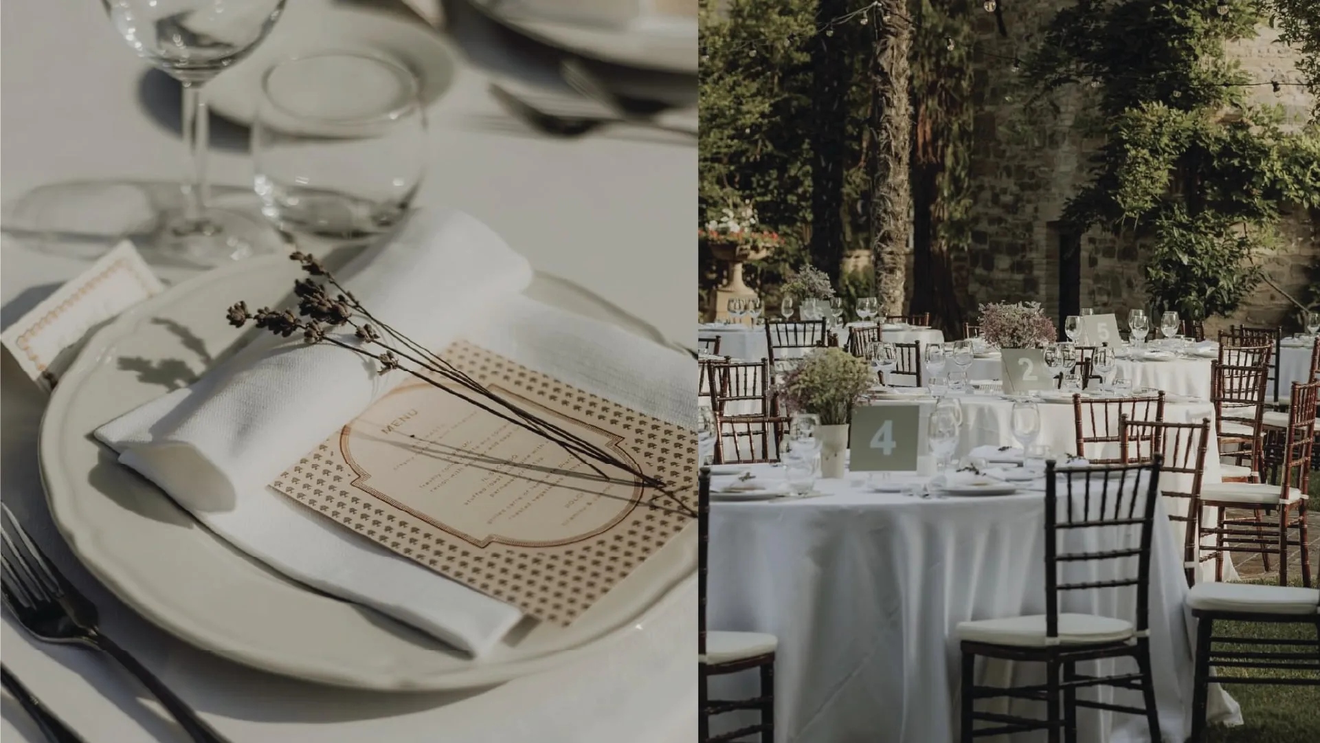 A place setting with dried flowers and a patterned menu, beside the courtyard tables