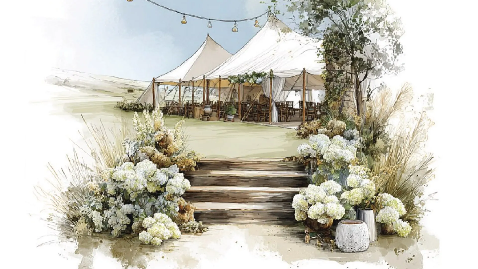 A watercolour of the marquee and hydrangea-lined steps in the Sussex countryside