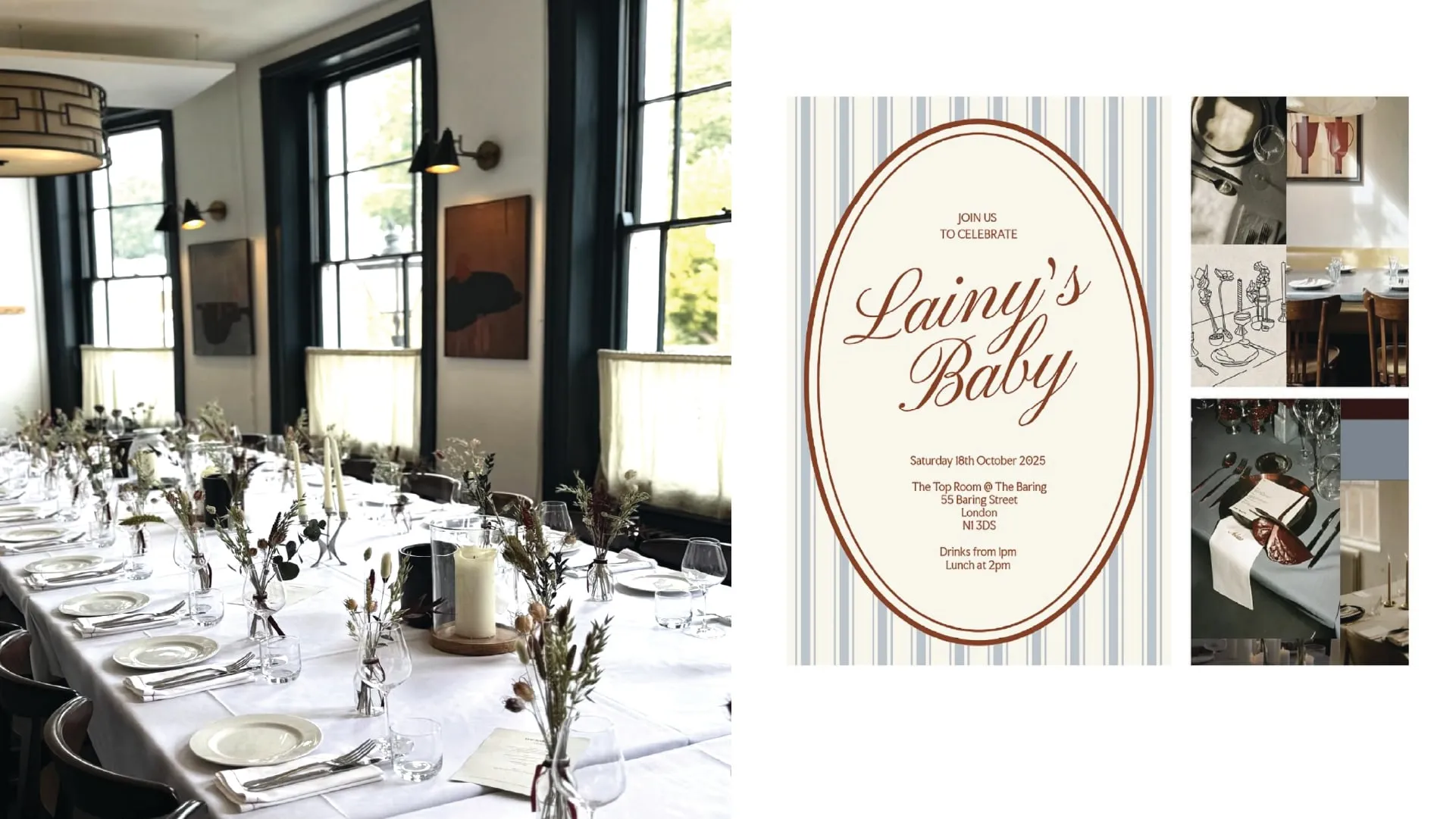 A long dining table at The Baring with dried posies, beside the invitation design