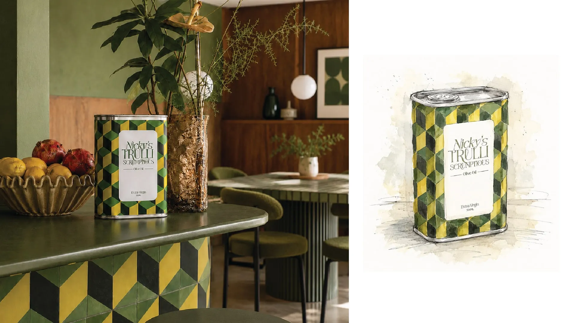 A Trulli Scrumptious olive oil tin in a green kitchen, beside a watercolour illustration of the tin