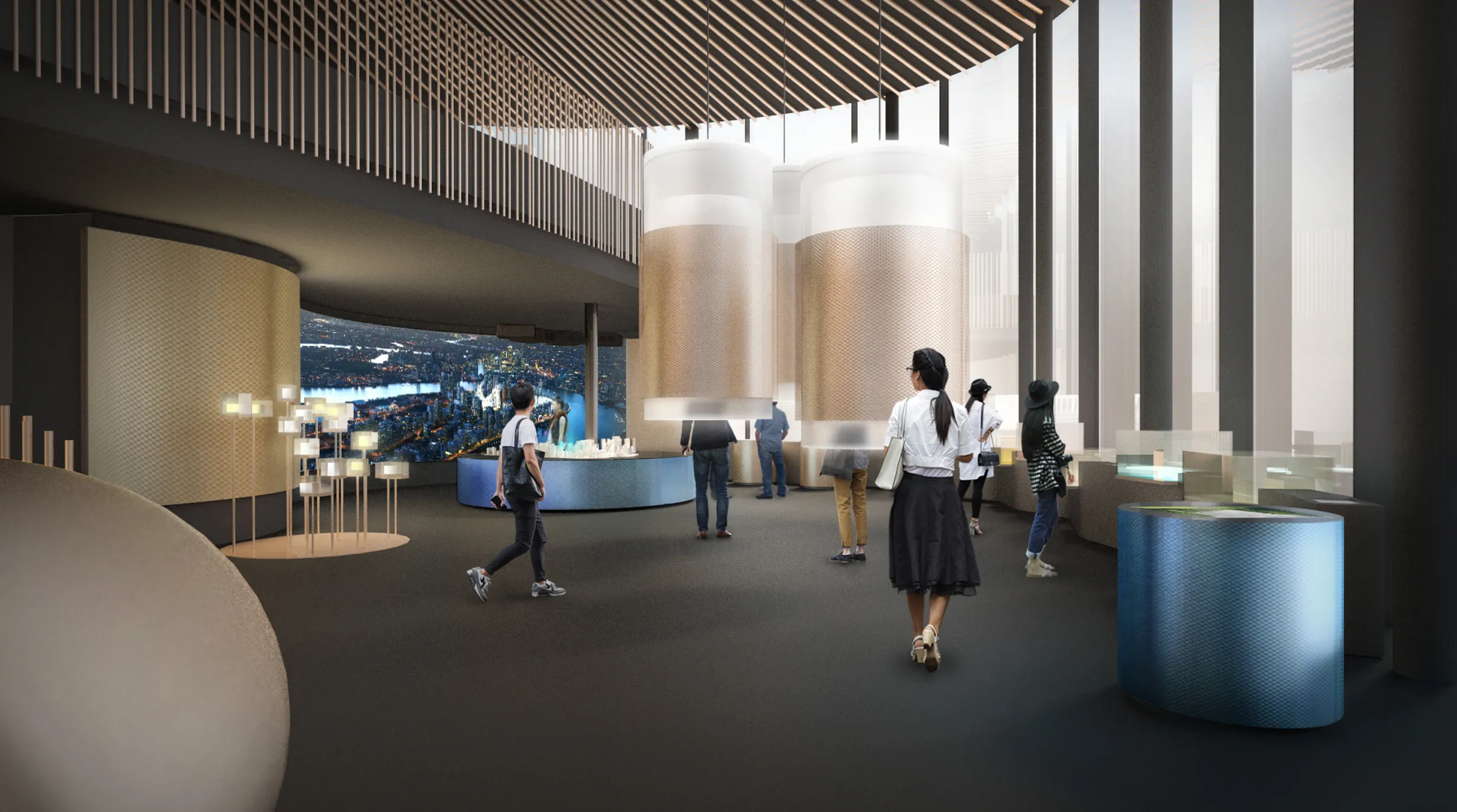 Visitors exploring the Greenwich Peninsula marketing suite, with glowing pods and touchscreen tables