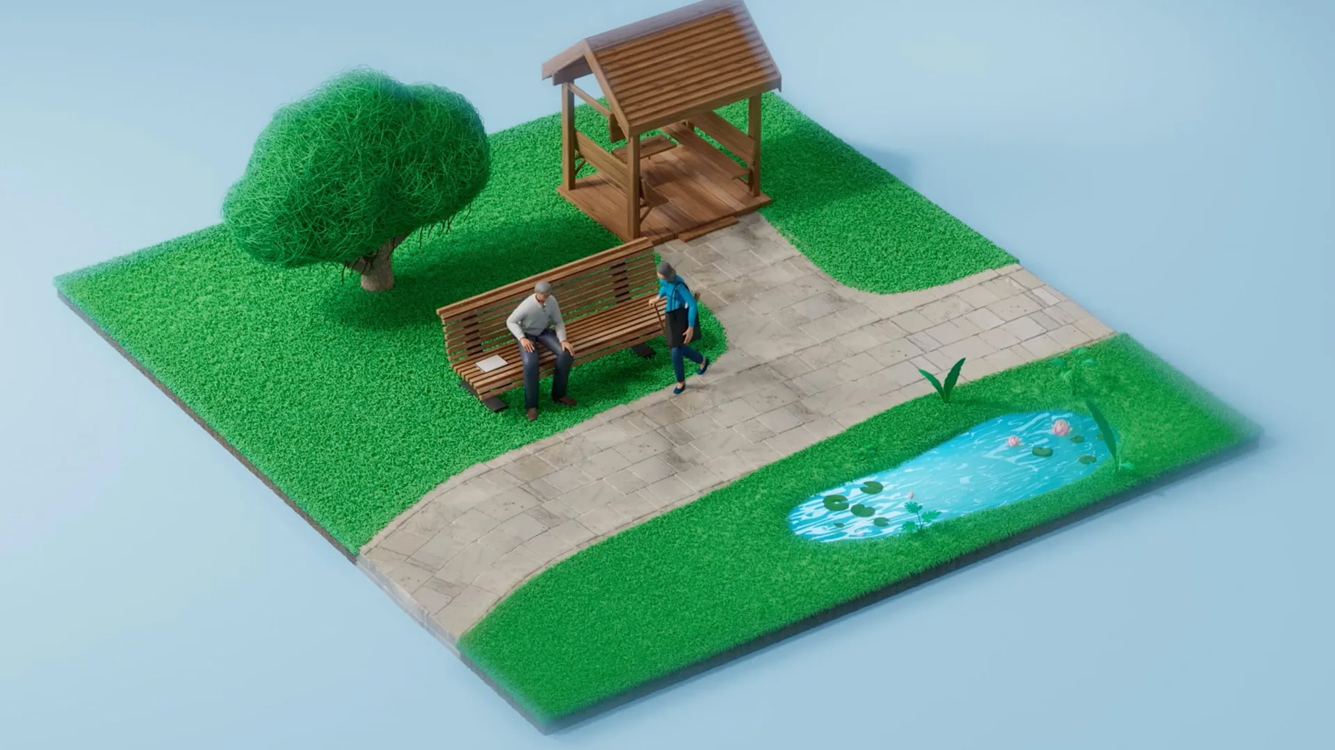 A 3D animated park with characters on a bench beside a pond