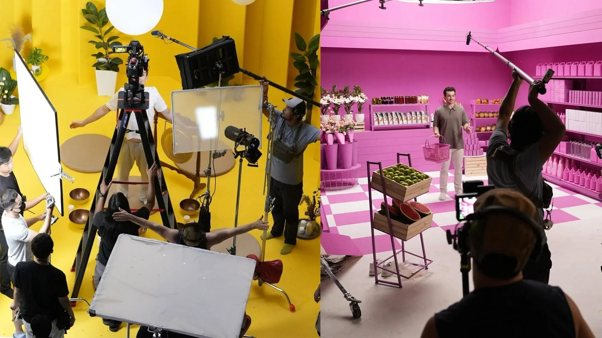 Behind the scenes: crew filming on bright yellow and pink sets