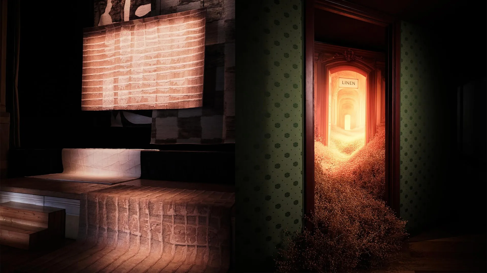 Rugs glowing under dramatic lighting in the darkened theatre