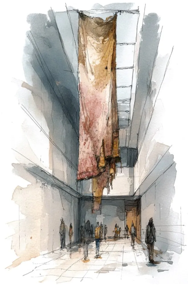 Watercolour sketch of rugs suspended in a tall gallery space, for The Rug Company at Salone del Mobile